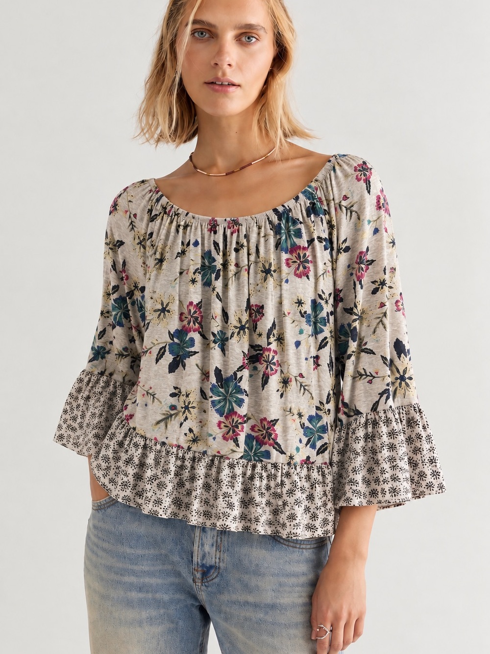 311. Style & Co. Neutral Floral Peasant Top with Pink & Teal Accents
